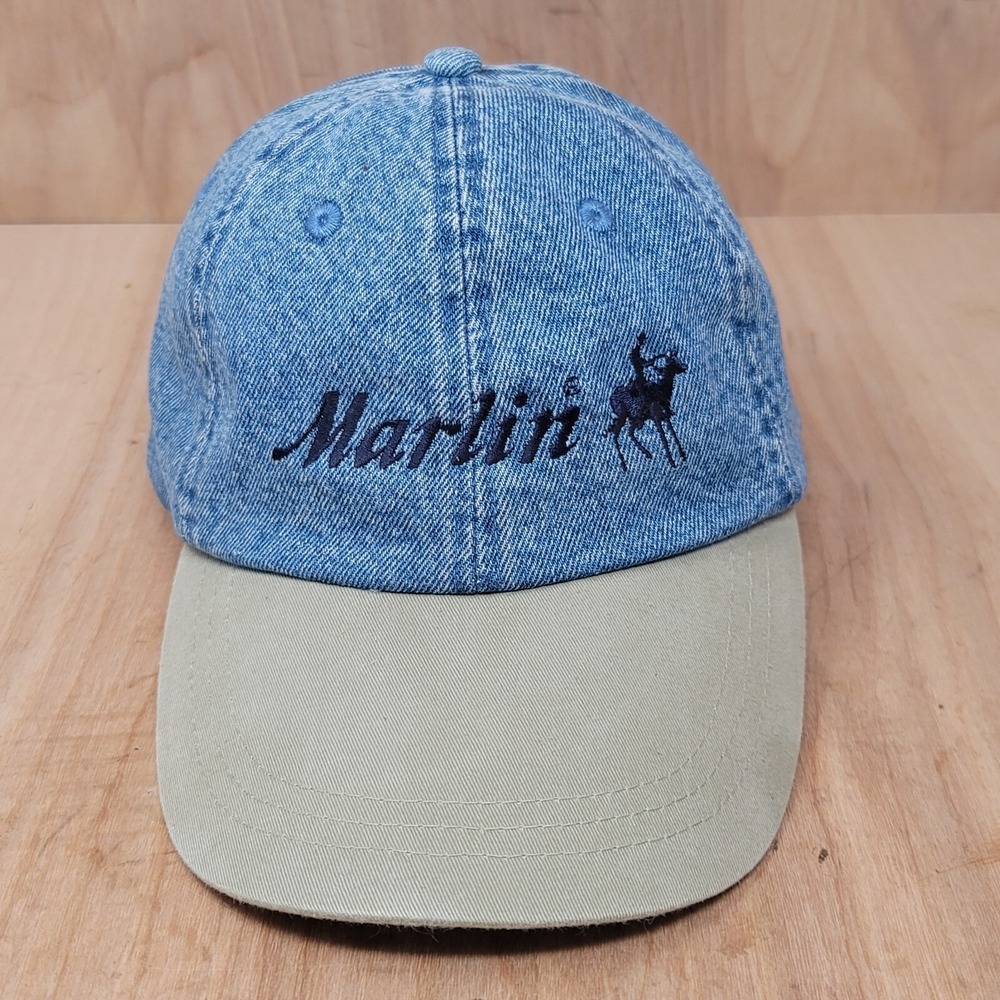 Vintage Marlin Hat Cap Strap back Blue Denim Leather Strap